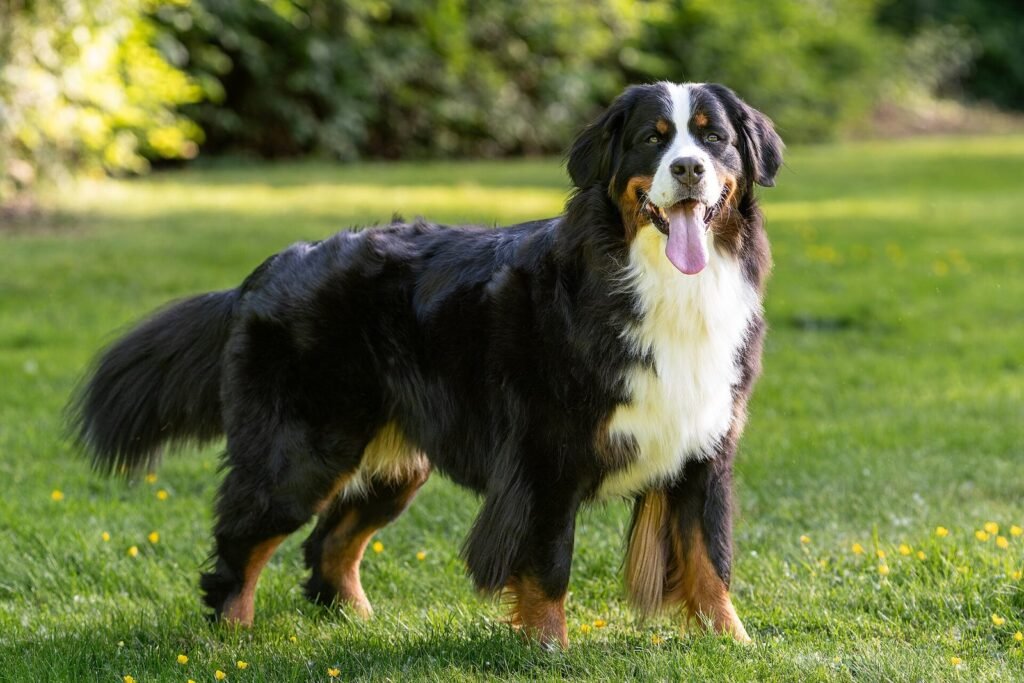 A Bernese mountain dog standing in long grass