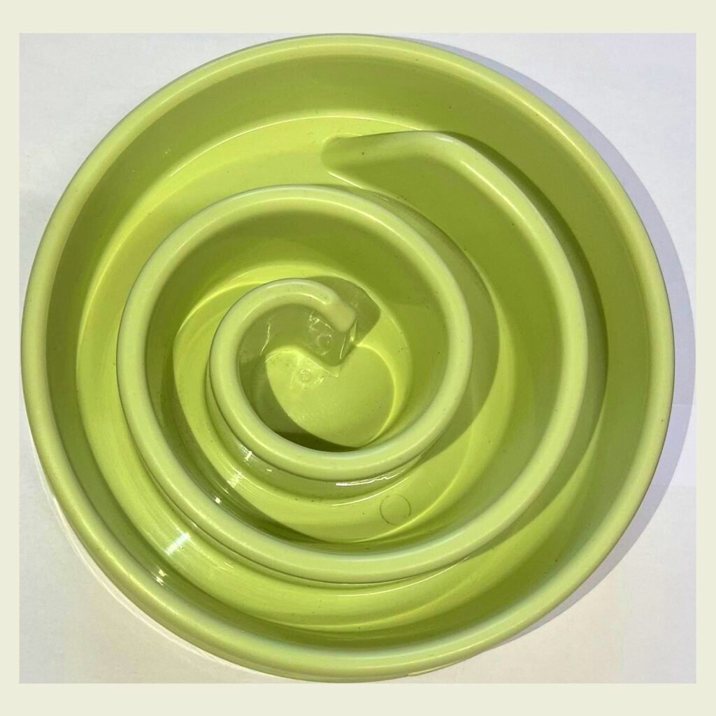 Slow feeder dog bowl with spiral maze design