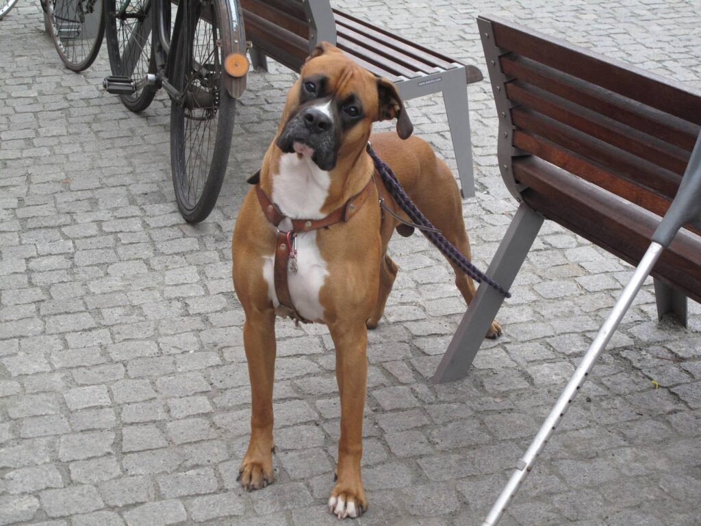 A boxer wearing a padded walking harness on a city pavement