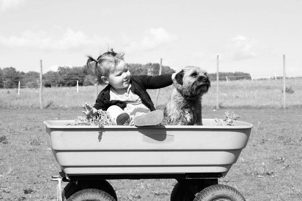 Toddler and the family dog sitting side by side