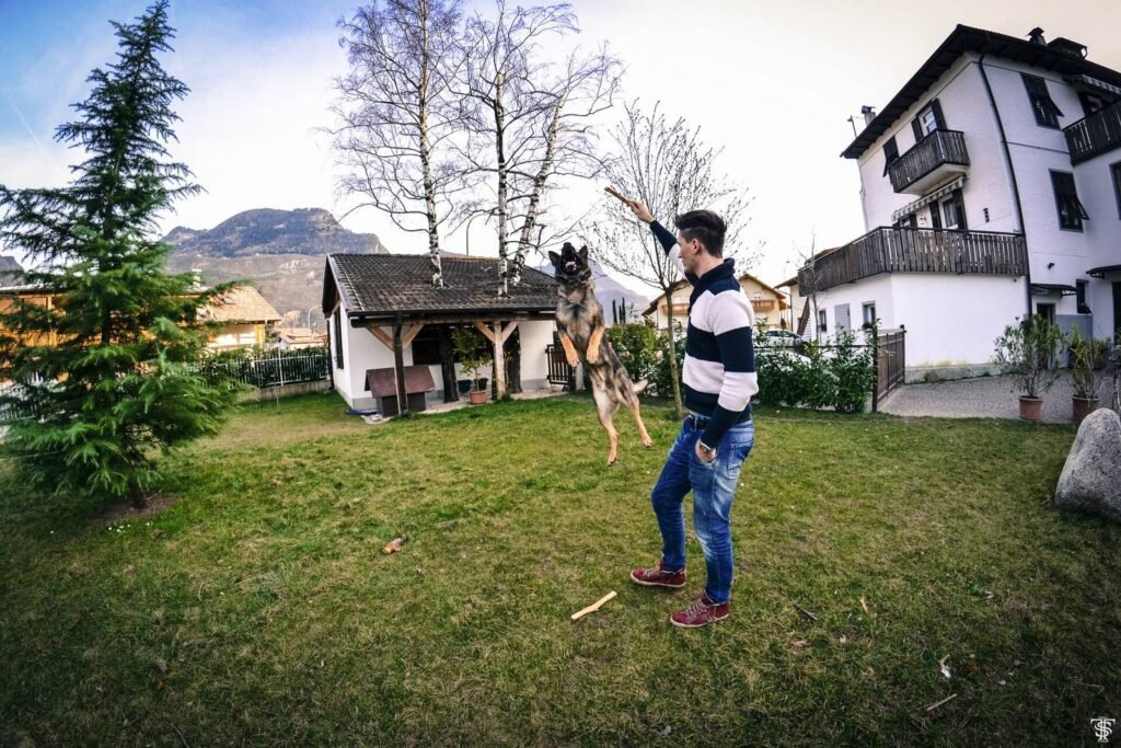 A dog leaping up against a man standing outdoors, front paws on his chest